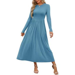 imageANRABESS Womens Long Sleeve Elegant Modest Drop Waist Maxi Dress 2025 Fall Casual Flowy Pleated Long Dresses with PocketsLake Green
