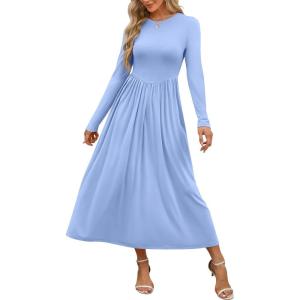 imageANRABESS Womens Long Sleeve Elegant Modest Drop Waist Maxi Dress 2025 Fall Casual Flowy Pleated Long Dresses with PocketsSky Blue