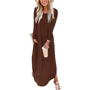 imageANRABESS Womens Long Sleeve Maxi Dresses 2025 Fall Outfits Casual Loose Split Travel Vacation T Shirt Dress with PocketsCoffee