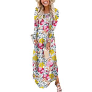 imageANRABESS Womens Long Sleeve Maxi Dresses 2025 Fall Outfits Casual Loose Split Travel Vacation T Shirt Dress with PocketsFloral Blue Orange Pink