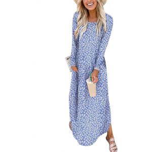 imageANRABESS Womens Long Sleeve Maxi Dresses 2025 Fall Outfits Casual Loose Split Travel Vacation T Shirt Dress with PocketsFloral Blue White