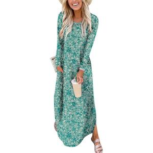 imageANRABESS Womens Long Sleeve Maxi Dresses 2025 Fall Outfits Casual Loose Split Travel Vacation T Shirt Dress with PocketsFloral Lake Blue