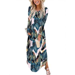 imageANRABESS Womens Long Sleeve Maxi Dresses 2025 Fall Outfits Casual Loose Split Travel Vacation T Shirt Dress with PocketsLeaf Printed