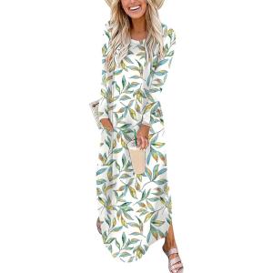 imageANRABESS Womens Long Sleeve Maxi Dresses 2025 Fall Outfits Casual Loose Split Travel Vacation T Shirt Dress with PocketsMulti Leaf
