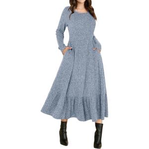 imageANRABESS Womens Long Sleeve Midi Dress 2025 Fall Rib Knit Crew Neck A Line Soft Flowy Swing Dresses with Pocket Casual TrendyBlue