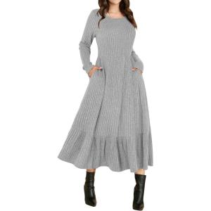 imageANRABESS Womens Long Sleeve Midi Dress 2025 Fall Rib Knit Crew Neck A Line Soft Flowy Swing Dresses with Pocket Casual TrendyGrey