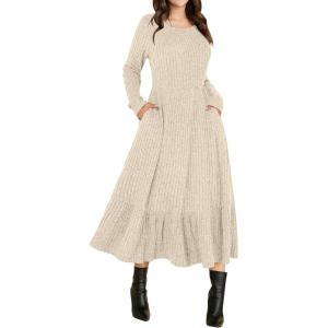 imageANRABESS Womens Long Sleeve Midi Dress 2025 Fall Rib Knit Crew Neck A Line Soft Flowy Swing Dresses with Pocket Casual TrendyLight Khaki