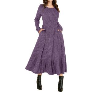 imageANRABESS Womens Long Sleeve Midi Dress 2025 Fall Rib Knit Crew Neck A Line Soft Flowy Swing Dresses with Pocket Casual TrendyPurple