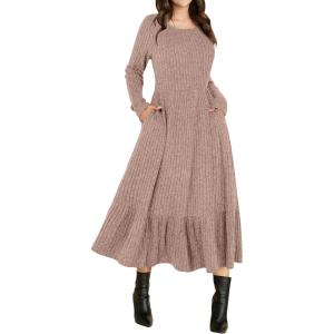 imageANRABESS Womens Long Sleeve Midi Dress 2025 Fall Rib Knit Crew Neck A Line Soft Flowy Swing Dresses with Pocket Casual TrendyTan