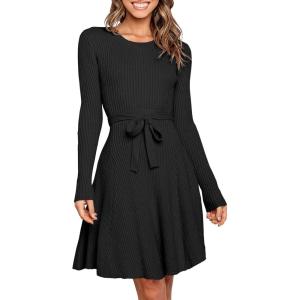 imageANRABESS Womens Long Sleeve Midi Dress Crewneck Tie Waist ALine Swing Casual Bodycon Ribbed Knit 2025 Fall Sweater DressBlack