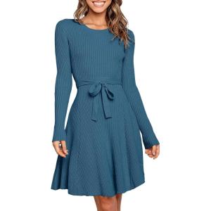imageANRABESS Womens Long Sleeve Midi Dress Crewneck Tie Waist ALine Swing Casual Bodycon Ribbed Knit 2025 Fall Sweater DressBlue