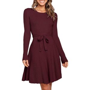 imageANRABESS Womens Long Sleeve Midi Dress Crewneck Tie Waist ALine Swing Casual Bodycon Ribbed Knit 2025 Fall Sweater DressDeep Red