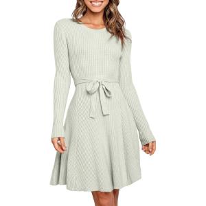imageANRABESS Womens Long Sleeve Midi Dress Crewneck Tie Waist ALine Swing Casual Bodycon Ribbed Knit 2025 Fall Sweater DressGray