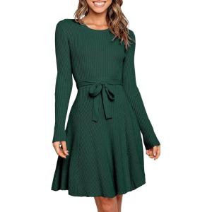 imageANRABESS Womens Long Sleeve Midi Dress Crewneck Tie Waist ALine Swing Casual Bodycon Ribbed Knit 2025 Fall Sweater DressGreen