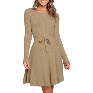 imageANRABESS Womens Long Sleeve Midi Dress Crewneck Tie Waist ALine Swing Casual Bodycon Ribbed Knit 2025 Fall Sweater DressKhaki