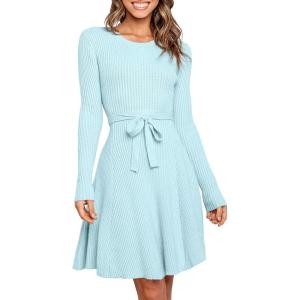 imageANRABESS Womens Long Sleeve Midi Dress Crewneck Tie Waist ALine Swing Casual Bodycon Ribbed Knit 2025 Fall Sweater DressLight Blue