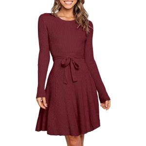 imageANRABESS Womens Long Sleeve Midi Dress Crewneck Tie Waist ALine Swing Casual Bodycon Ribbed Knit 2025 Fall Sweater DressWine Red