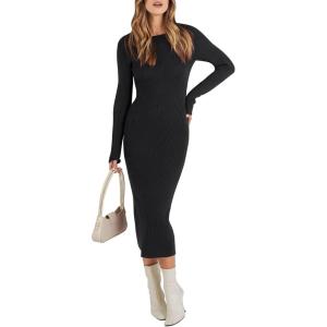 imageANRABESS Womens Long Sleeve Sweater Dress 2025 Fall Crewneck Bodycon Stretch Ribbed Knit Slim Fit Midi Dresses Trendy OutfitsBlack