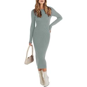 imageANRABESS Womens Long Sleeve Sweater Dress 2025 Fall Crewneck Bodycon Stretch Ribbed Knit Slim Fit Midi Dresses Trendy OutfitsLight Gray