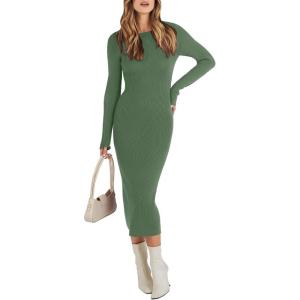 imageANRABESS Womens Long Sleeve Sweater Dress 2025 Fall Crewneck Bodycon Stretch Ribbed Knit Slim Fit Midi Dresses Trendy OutfitsOlive