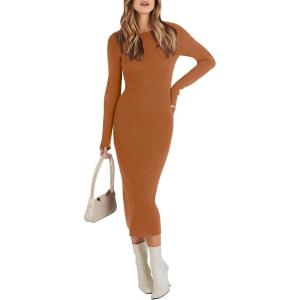 imageANRABESS Womens Long Sleeve Sweater Dress 2025 Fall Crewneck Bodycon Stretch Ribbed Knit Slim Fit Midi Dresses Trendy OutfitsRust
