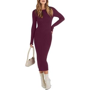 imageANRABESS Womens Long Sleeve Sweater Dress 2025 Fall Crewneck Bodycon Stretch Ribbed Knit Slim Fit Midi Dresses Trendy OutfitsWine Red