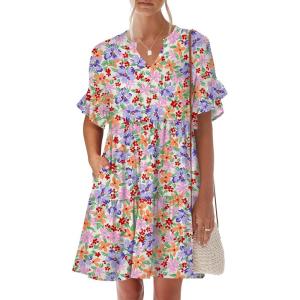 imageANRABESS Womens Summer 2025 Trendy Ruffle Short Sleeve V Neck A Line Tiered Flowy Loose Casual Mini Beach Dress with PocketsCrayon Multicolored Floral