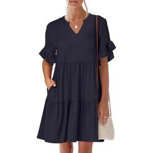 imageANRABESS Womens Summer 2025 Trendy Ruffle Short Sleeve V Neck A Line Tiered Flowy Loose Casual Mini Beach Dress with PocketsDeep Navy Blue