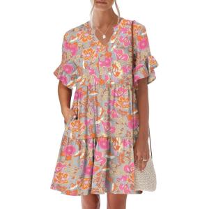 imageANRABESS Womens Summer 2025 Trendy Ruffle Short Sleeve V Neck A Line Tiered Flowy Loose Casual Mini Beach Dress with PocketsGrey Pink Floral