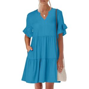 imageANRABESS Womens Summer 2025 Trendy Ruffle Short Sleeve V Neck A Line Tiered Flowy Loose Casual Mini Beach Dress with PocketsLake Blue