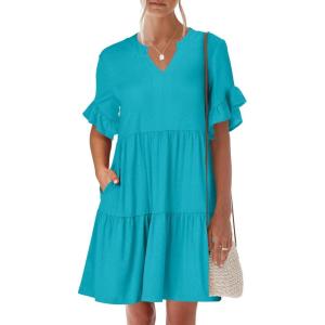 imageANRABESS Womens Summer 2025 Trendy Ruffle Short Sleeve V Neck A Line Tiered Flowy Loose Casual Mini Beach Dress with PocketsLake Green
