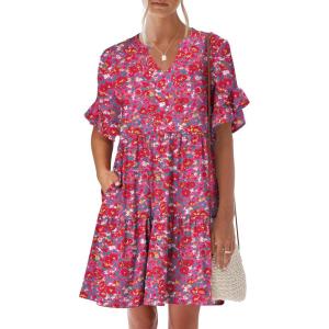 imageANRABESS Womens Summer 2025 Trendy Ruffle Short Sleeve V Neck A Line Tiered Flowy Loose Casual Mini Beach Dress with PocketsRed Floral