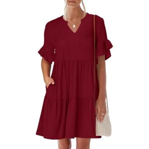 imageANRABESS Womens Summer 2025 Trendy Ruffle Short Sleeve V Neck A Line Tiered Flowy Loose Casual Mini Beach Dress with PocketsWine Red