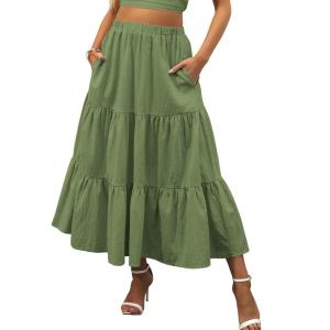 imageANRABESS Womens Summer Boho Flowy Swing Tiered ALine Maxi Skirt 2025 Fashion Trendy Elastic Waist Pleated Long Beach DressArmygreen