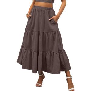 imageANRABESS Womens Summer Boho Flowy Swing Tiered ALine Maxi Skirt 2025 Fashion Trendy Elastic Waist Pleated Long Beach DressCoffee