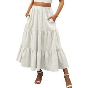 imageANRABESS Womens Summer Boho Flowy Swing Tiered ALine Maxi Skirt 2025 Fashion Trendy Elastic Waist Pleated Long Beach DressGray