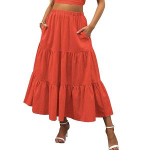 imageANRABESS Womens Summer Boho Flowy Swing Tiered ALine Maxi Skirt 2025 Fashion Trendy Elastic Waist Pleated Long Beach DressOrange