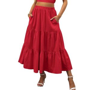 imageANRABESS Womens Summer Boho Flowy Swing Tiered ALine Maxi Skirt 2025 Fashion Trendy Elastic Waist Pleated Long Beach DressRed