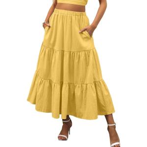imageANRABESS Womens Summer Boho Flowy Swing Tiered ALine Maxi Skirt 2025 Fashion Trendy Elastic Waist Pleated Long Beach DressYellow