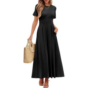 imageANRABESS Womens Summer Casual Dress Short Sleeve Crewneck Pleated Waisted Swing Flowy 2025 A Line Beach Maxi Long DressesBlack