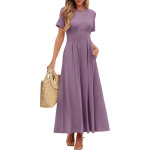 imageANRABESS Womens Summer Casual Dress Short Sleeve Crewneck Pleated Waisted Swing Flowy 2025 A Line Beach Maxi Long DressesPurple