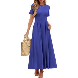 imageANRABESS Womens Summer Casual Dress Short Sleeve Crewneck Pleated Waisted Swing Flowy 2025 A Line Beach Maxi Long DressesRoyal Blue