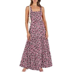 imageANRABESS Womens Summer Casual Long Maxi Beach Vacation Dresses Sleeveless Square Neck Flowy Tiered Sun Dress with PocketsBlack Pink Floral