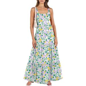imageANRABESS Womens Summer Casual Long Maxi Beach Vacation Dresses Sleeveless Square Neck Flowy Tiered Sun Dress with PocketsGreen Purple Yellow Floral