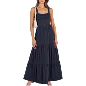 imageANRABESS Womens Summer Casual Long Maxi Beach Vacation Dresses Sleeveless Square Neck Flowy Tiered Sun Dress with PocketsNavy Blue