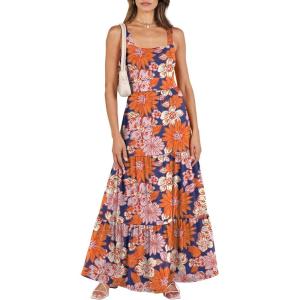 imageANRABESS Womens Summer Casual Long Maxi Beach Vacation Dresses Sleeveless Square Neck Flowy Tiered Sun Dress with PocketsNavy Blue Pink Floral