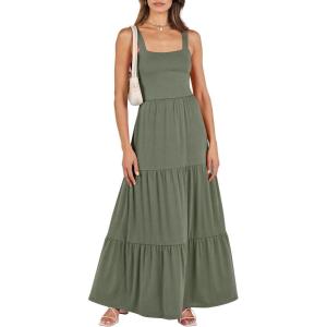 imageANRABESS Womens Summer Casual Long Maxi Beach Vacation Dresses Sleeveless Square Neck Flowy Tiered Sun Dress with PocketsOlive