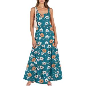 imageANRABESS Womens Summer Casual Long Maxi Beach Vacation Dresses Sleeveless Square Neck Flowy Tiered Sun Dress with PocketsOrange White Floral