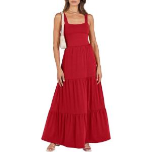 imageANRABESS Womens Summer Casual Long Maxi Beach Vacation Dresses Sleeveless Square Neck Flowy Tiered Sun Dress with PocketsRed