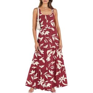 imageANRABESS Womens Summer Casual Long Maxi Beach Vacation Dresses Sleeveless Square Neck Flowy Tiered Sun Dress with PocketsRed Yellow Floral